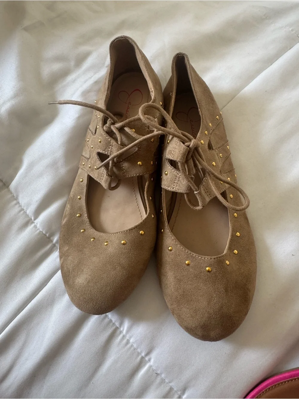 Jessica Simpson Girls Tan Suede Lace-Up Ballet Flats with Gold Studs sz 4